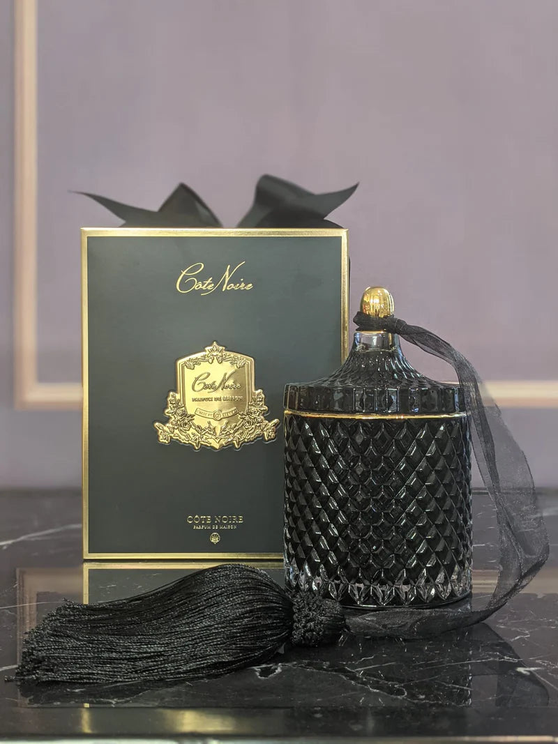 Large black gold art deco candle